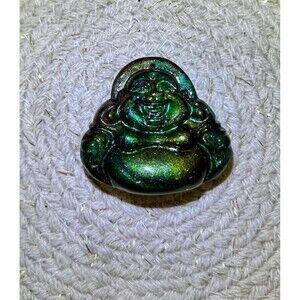Laughing Buddha Pendant Large Glittery 3 Dimensional Green Brown